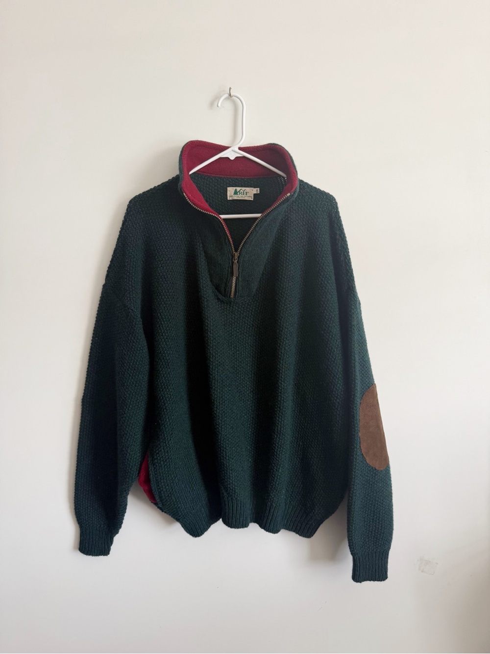 REI Green Wool 90s Vintage 1/4 Zip Pullover Sweater Elbow Patch Outdoor Mens XXL